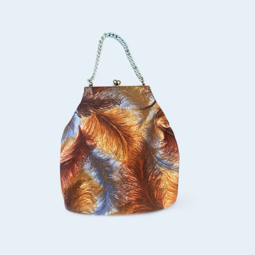 Vintage Feather Pattern Tapestry Evening Bag Gold Chain Kiss Lock